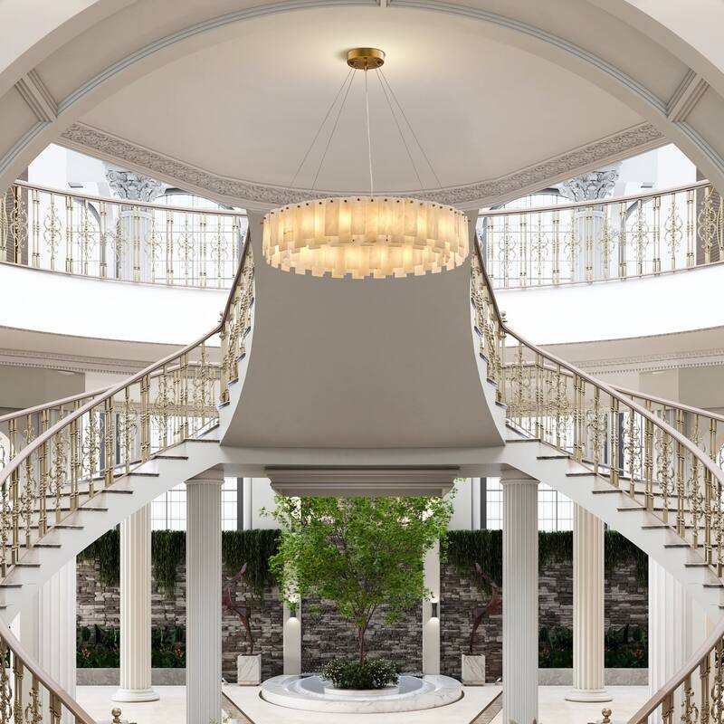 Modern Layered Alabaster Slice Chandelier, Round or Linear Pendant Light, D600-L1200 - Gold
