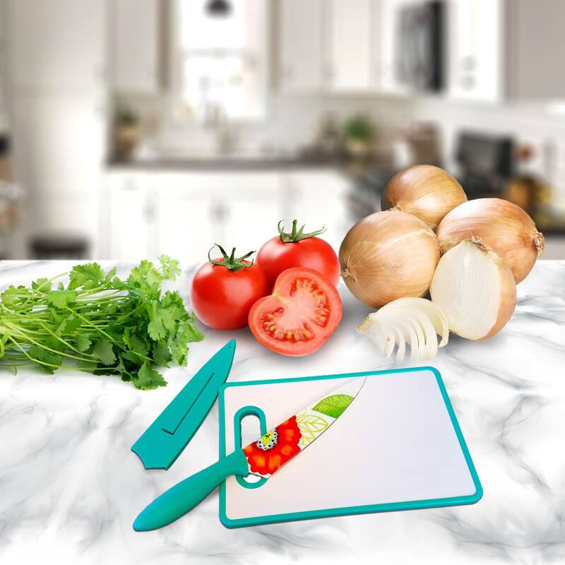 Eliana 3 Piece Reversible Cutting Board with Matching Knife and Sheath in Teal