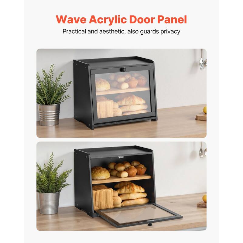 Black Two-Tier Wooden Trapezoid-Shaped Bread Box with Knife and Cutting Board for Kitchen Counter - 15.75” x 9.85” x 13.19”