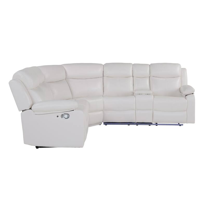 HomeRoots Off White Faux Leather Reclining Curved Six Piece Sectional With LED And Console