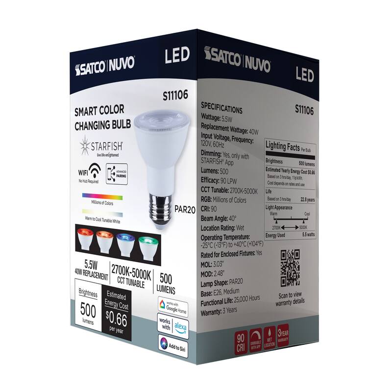 Starfish 5.5 Watt LED PAR20 2700K-5000K RGBTW Medium Base 120 Volt - White