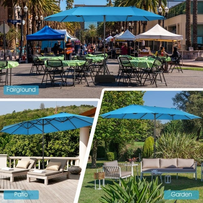 15 Feet Patio Double-Sided Umbrella with Hand-Crank System - 15.4' x 9.2' x 8.0' (LxWxH)