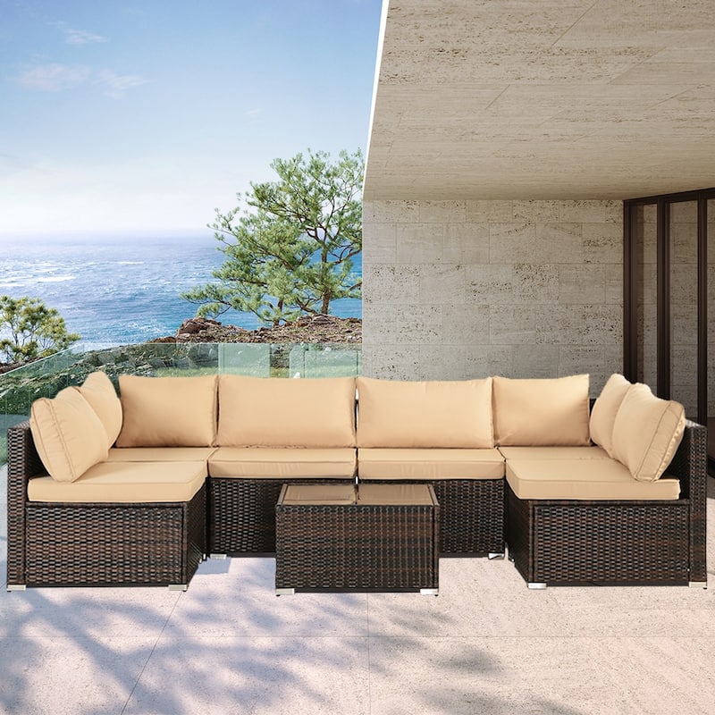 7-Piece Wicker Patio Conversation Set with Cushions - Brown