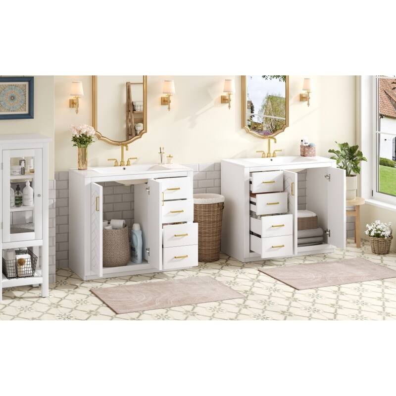 Roomfitters 72 Inch Bathroom Vanity with Ceramic Sink, Solid Wood Frame Cabinet with Sliding Tiers & Soft Close Doors, White