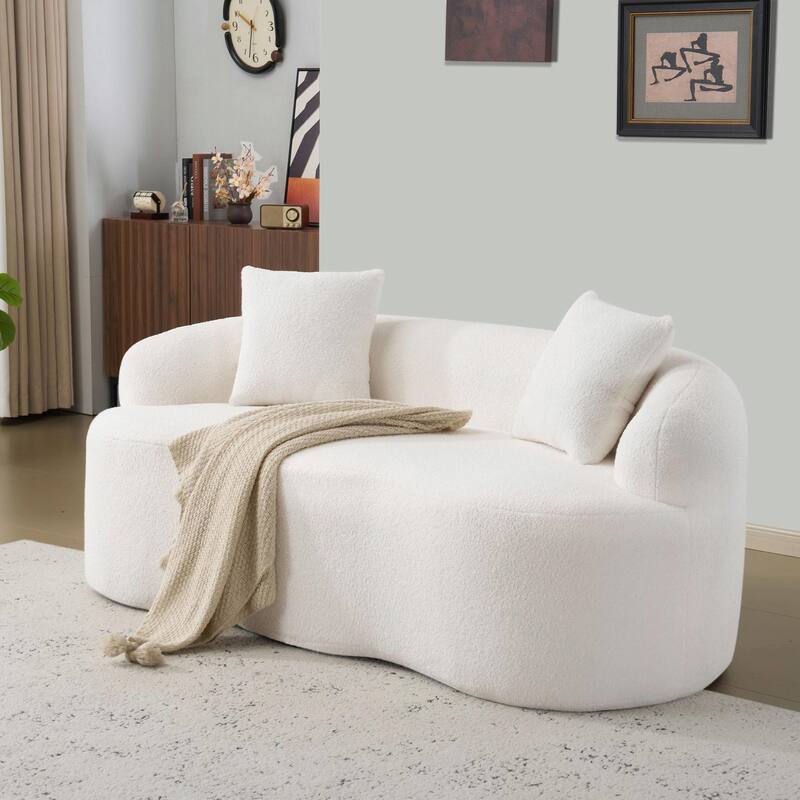 Curved Loveseat Sofa with Round Armrests - Compression Couch with 2 Pillows - White