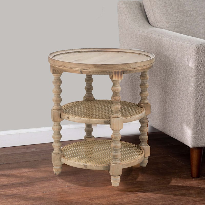 Jake 25 Inch 3 Tier Side Table, Fir Wood, 2 Woven Wicker Shelves, Brown