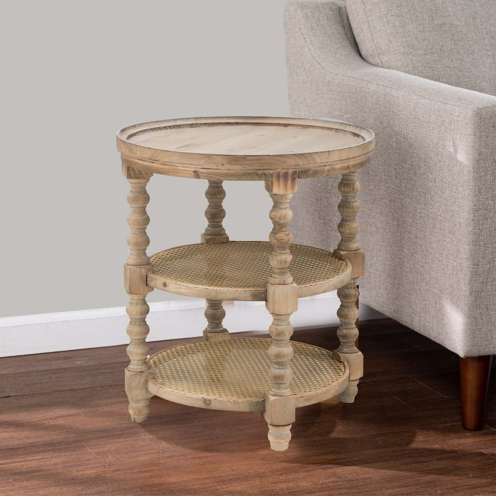Jake 25 Inch 3 Tier Side Table, Fir Wood, 2 Woven Wicker Shelves, Brown
