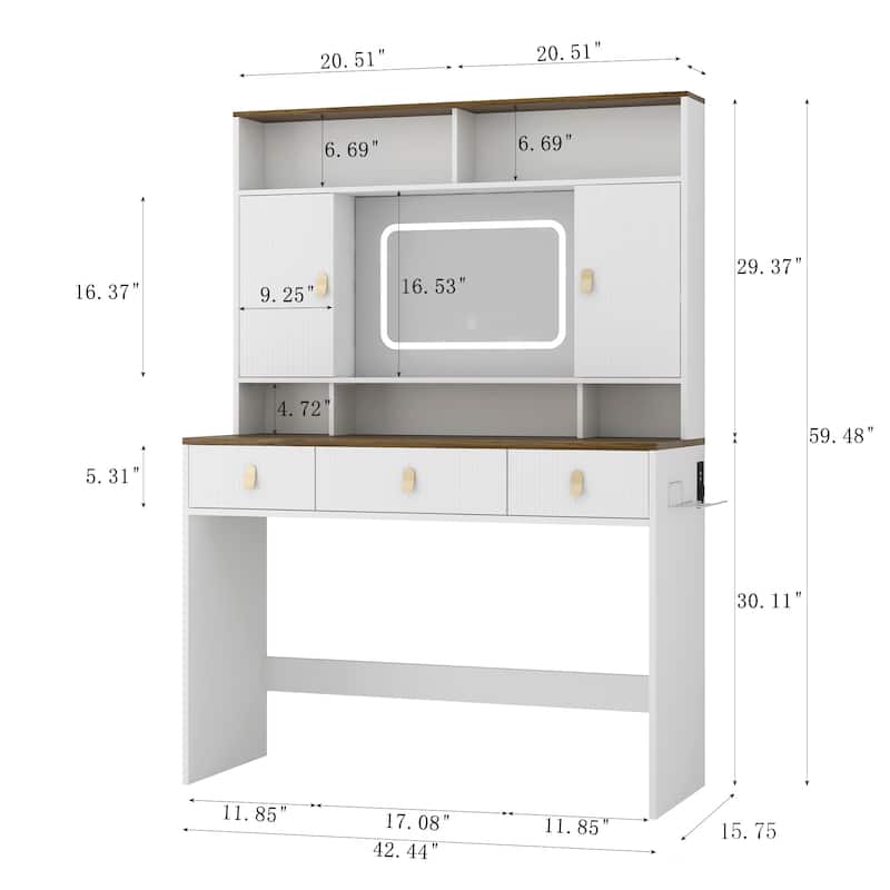Farmhouse Vanity Desk with Makeup Mirror, Touch Light and Drawers, White Make-up Vanity Dressing Table with Charging Station