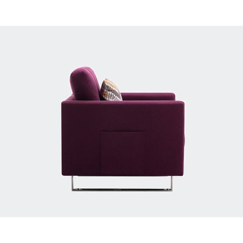 Linen Fabric Armchair with Metal Legs, Side Pockets, and Pillow