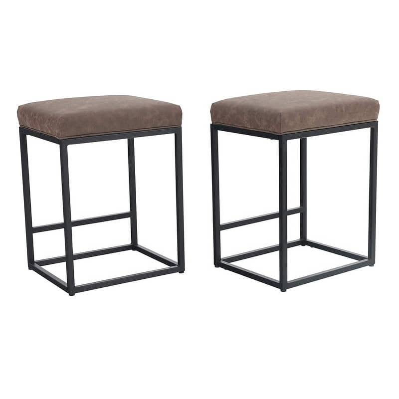 PHI VILLA 24'' Square PU Leather Bar Stool with Sturdy Metal Frame, Set of 2