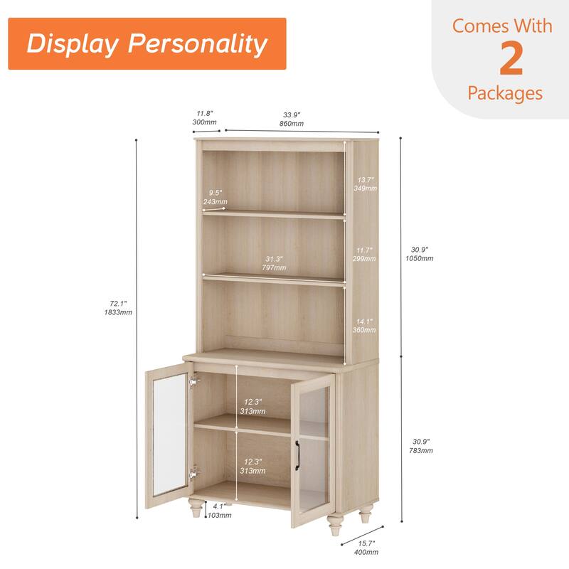 Light Beige Bookcase with Doors, Large Wood Farmhouse Book Case Shelf