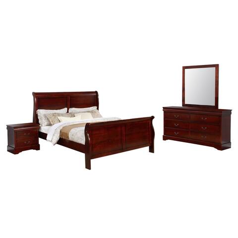 Full Size Sleigh Wooden 4 Piece Bedroom Set, Cherry