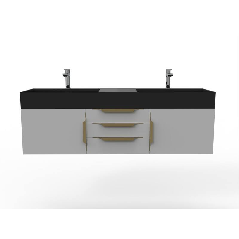 Amazon 60" Wall Mounted Bathroom Vanity Set w/ Black Top - Grey - Gold Finish