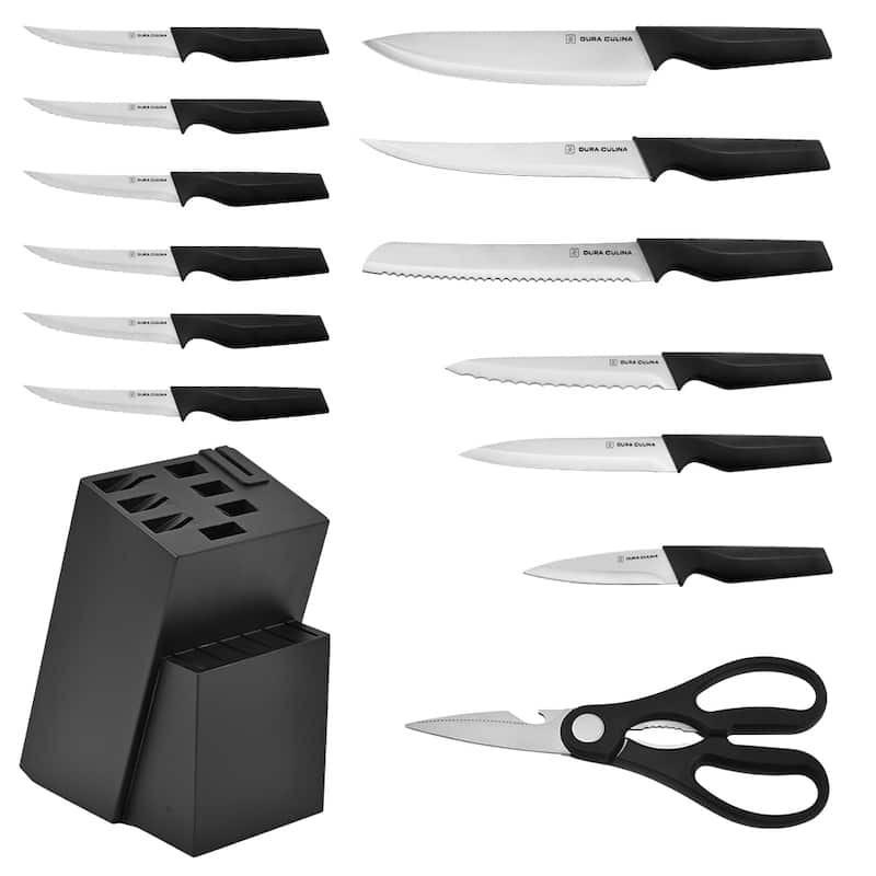 14-Piece Knife Block Set - High Carbon Stainless Steel Kitchen Knives Built-In Sharpener, Black Wood Storage Block