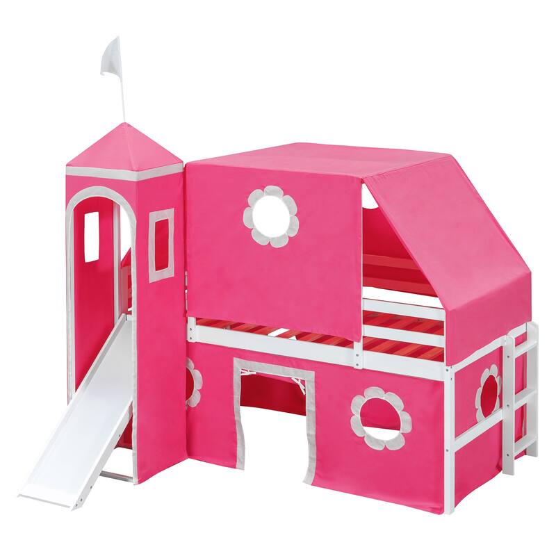 Pink Twin Loft Bed with Slide, Tent, and Tower for Kids
