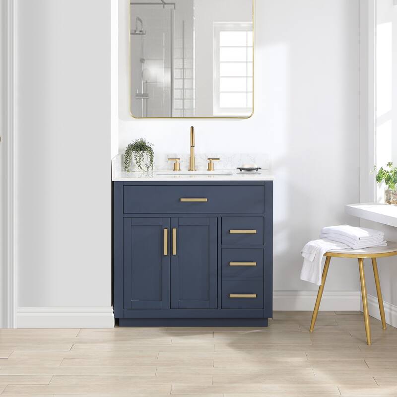 Altair Gavino Bath Vanity with Grain White Composite Stone Top, no Mirror - 36 inch - Royal + Brushed Gold