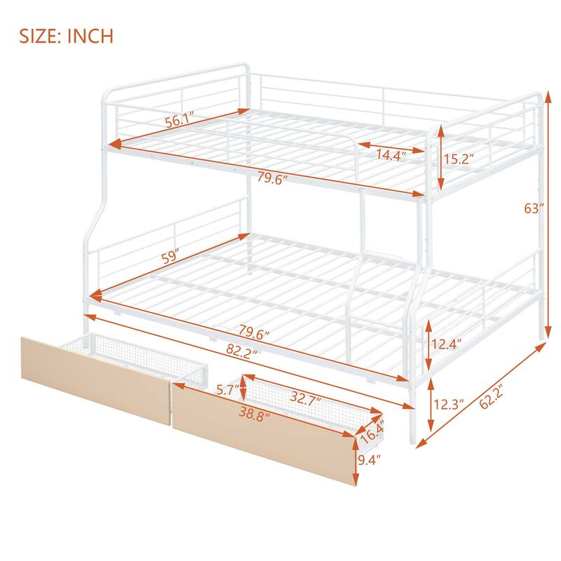 Full XL Over Queen Metal Bunk Bed with Drawers and Guardrail, Convertible to Two Beds