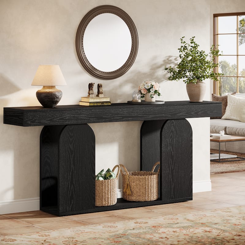 Industrial Wood Entryway Console Table with Dual Storage Shelves