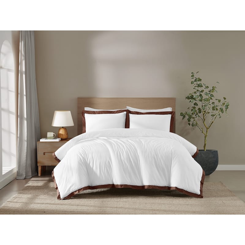 Brooklyn Loom Cotton Hotel Border 3 Piece Comforter Set - King - White/Brown