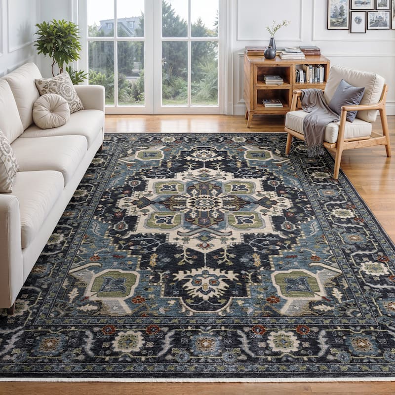 Esme Traditional Medallion Navy/ Blue Area Rug - 6' 7" x 9' 6" - Rectangle