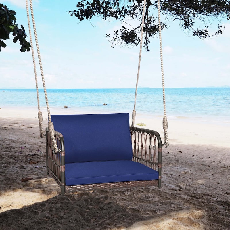 Porch Swing Chair Rattan Hanging Bench Seat w/ Cushions Hooks Balcony