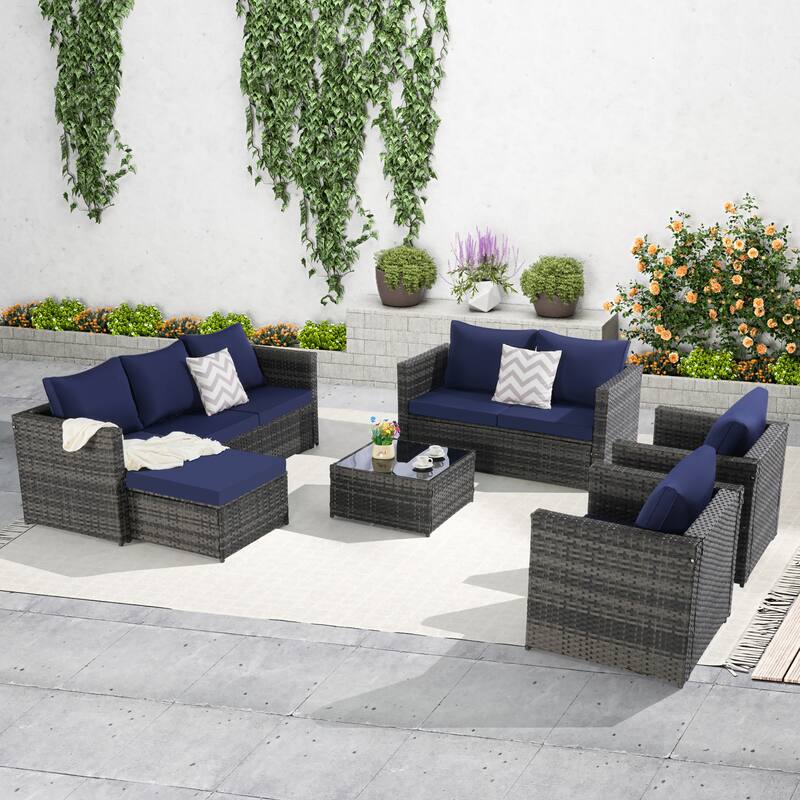 Large Modular Sectional Couch Wicker Rattan Conversation Set All Weather Recliner Couches with Glass Table and Pillows, 6 Piece