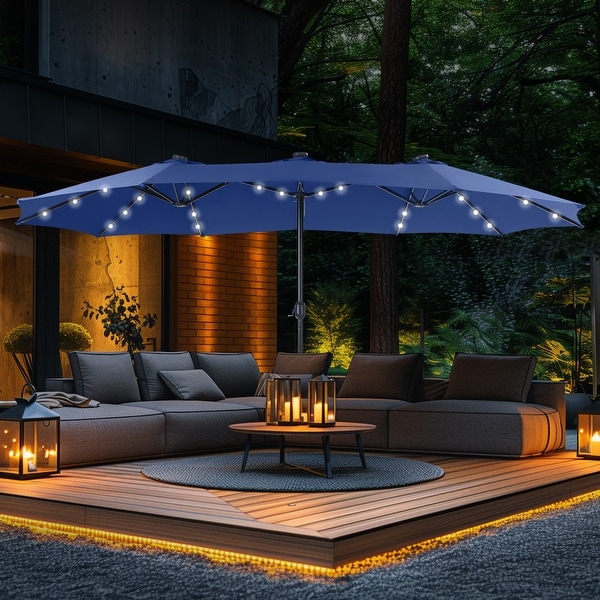 15ft Patio Umbrella Double Sided Outdoor Extra Large Crank Lift Umbrella with Solar Led Lights and Base Included