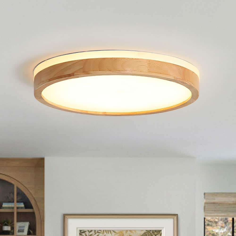 Modern Natural Round Wooden Dimmable LED Flush Mount Ceiling Light - 23.6 in