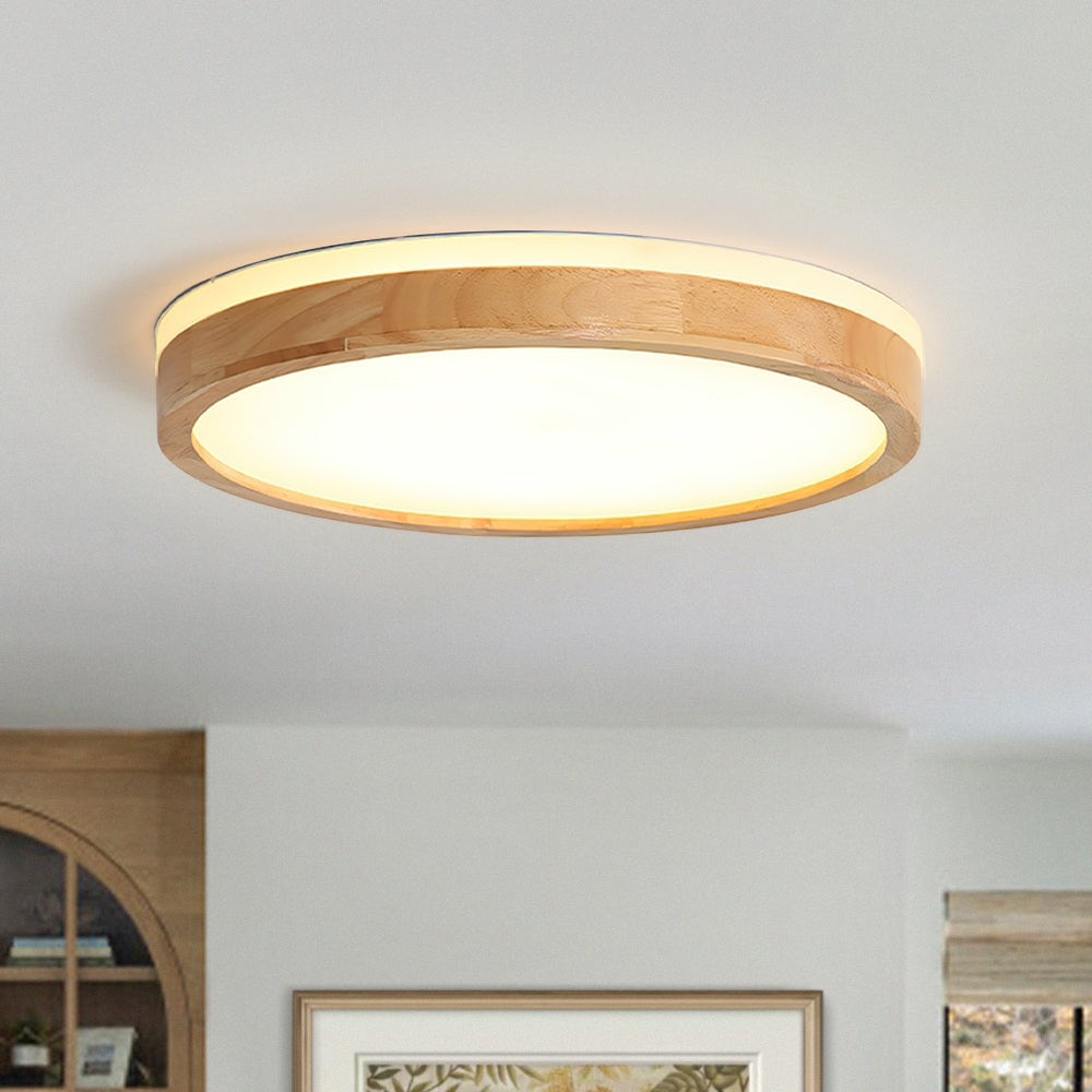 Modern Natural Round Wooden Dimmable LED Flush Mount Ceiling Light - Original Wood - 23.6 in