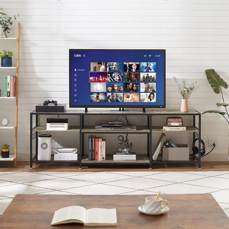 VECELO Wood TV Stand with Charging Station with Metal Frame, Storage Shelves Entertainment Center TV Cabinet