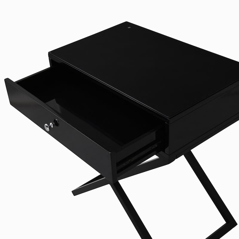 Wooden End Side Table Nightstand with Glass Top, Drawer and Metal Cross Base