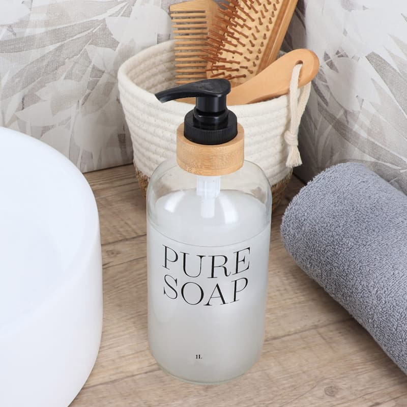 Glass and Bamboo Soap Dispenser PURE SOAP 17 or 34 FL OZ - Clear