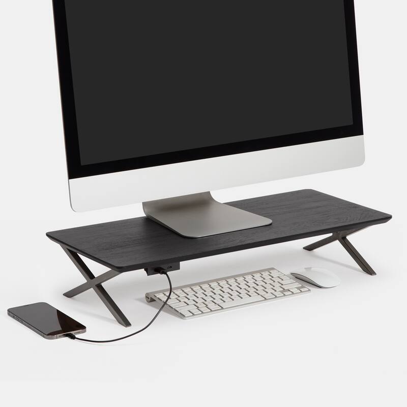 Jani Wood Monitor Stand Riser Desk - Ergonomic Design Stand, Desktop Organizer Table for Home, Office Workspace, Gaming Desk - Black