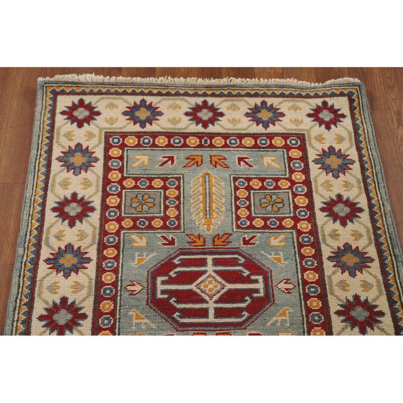 Geometric Kazak Runner Rug Handmade Traditional Blue Wool Carpet - 2'8" x 13'6"