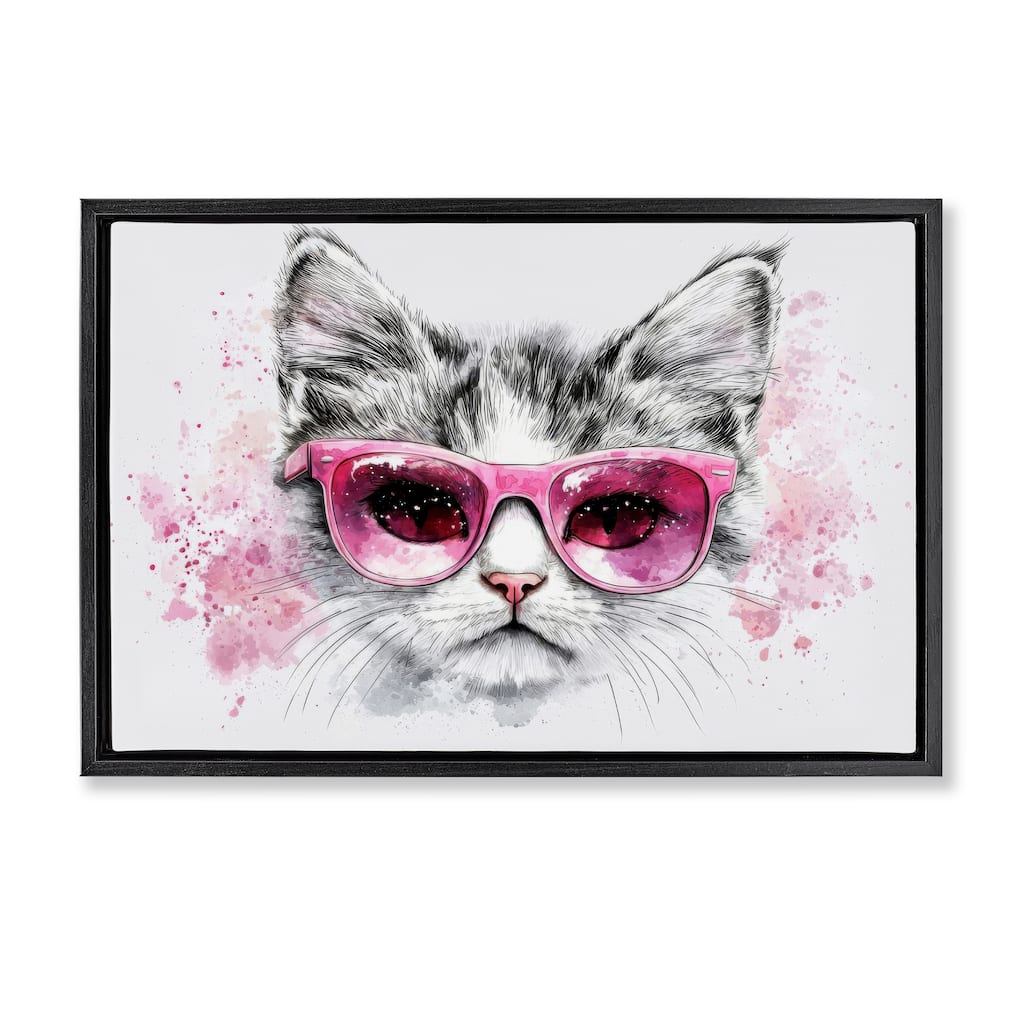 Stupell Cool Cat with Sunglasses Framed Floater Canvas Wall Art Design By LSR Creative Studio
