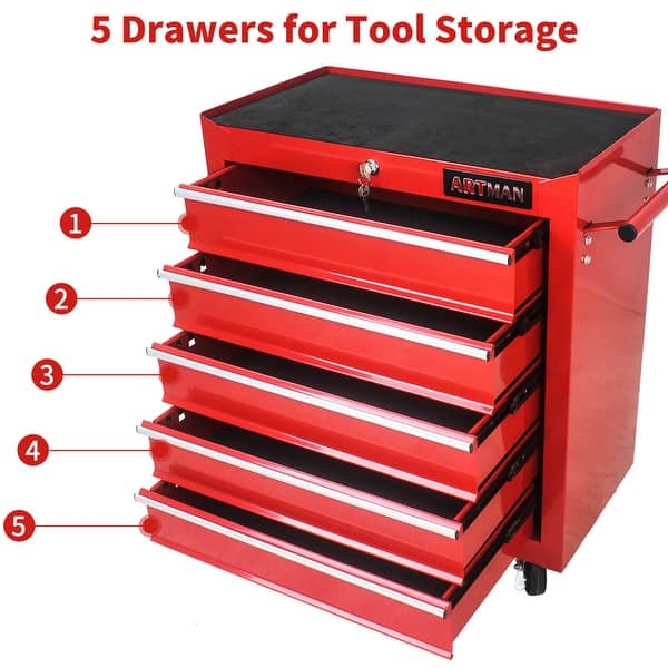dimension image slide 3 of 6, 5-Drawer Rolling Tool Cart with Wheels Garage Storage Tool Chest