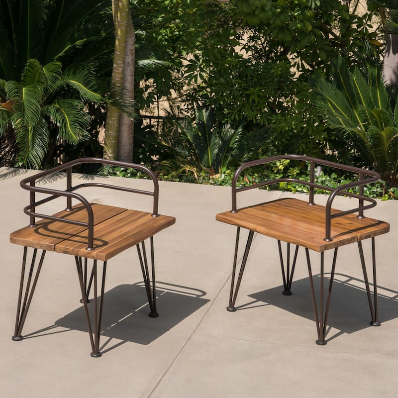 Roomfitters Outdoor Acacia Wood Chairs with Metal Backrest and Hairpin Legs, Set of 2, Teak