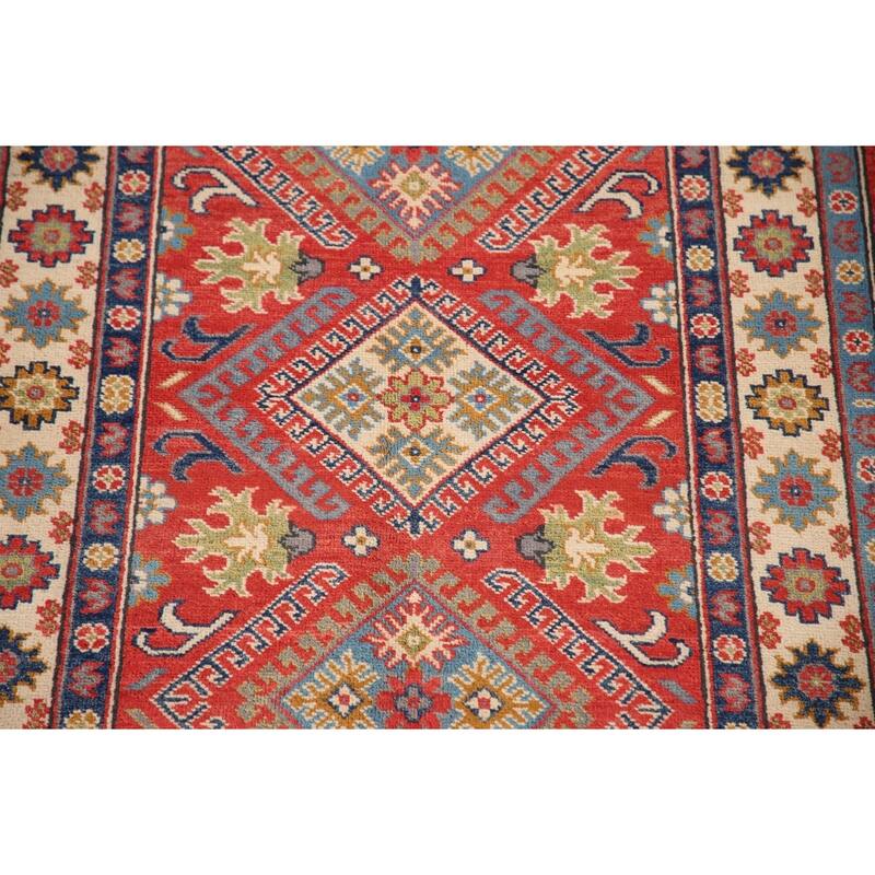 Geometric Kazak Rug Hand-Knotted Red Wool Carpet - 3'4"x 5'2"