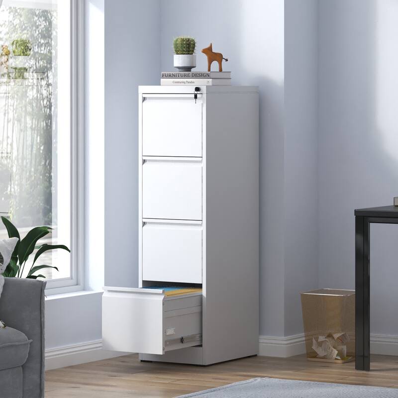 Modern Filing Cabinet, Vertical Filing Cabinet with 4 Drawers, Anti-Tilt System and Locks, for Home Office, White