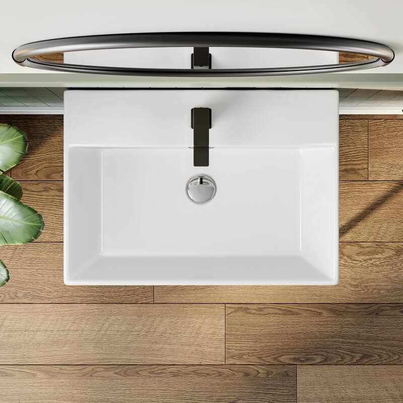 HOROW 24 in. Ceramic White Rectangular Bathroom Console Sink with Black Legs and Overflow