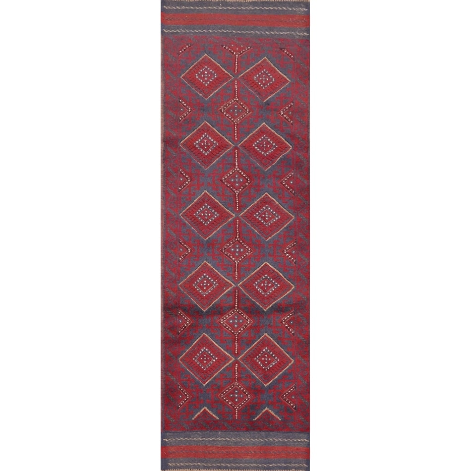Hand Knotted Oriental 100% Wool Carpet Traditional Tribal Red Balouch Runner Rug - 8' 4'' X 2' 1''