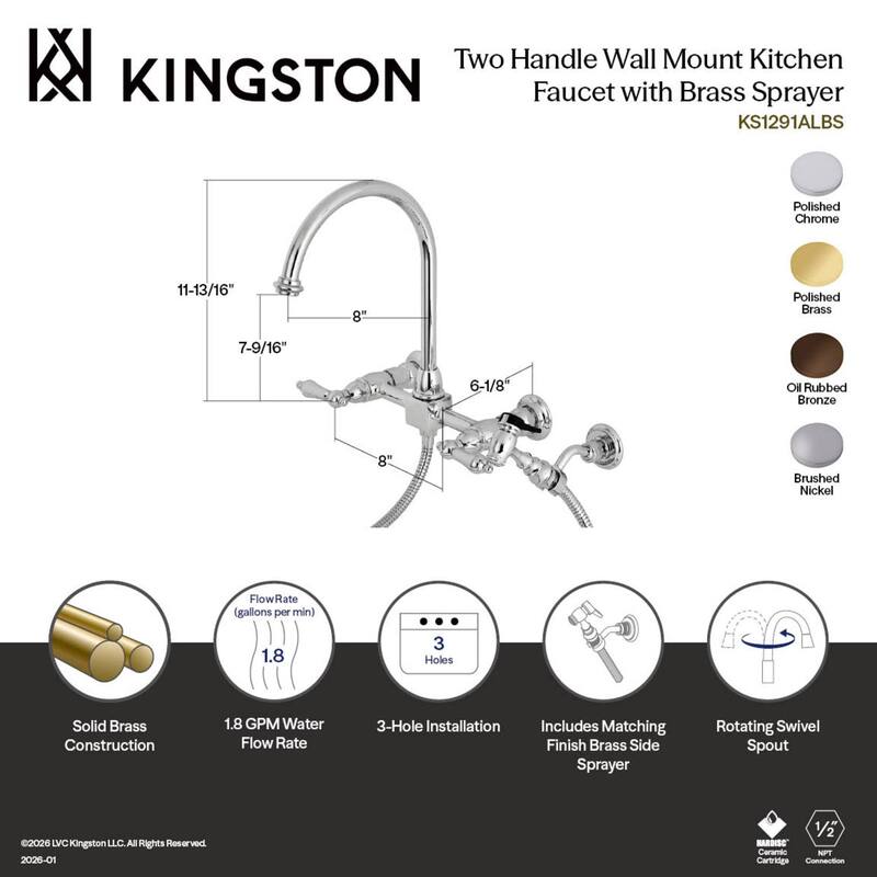Kingston Brass Restoration Wall Mount Bridge Kitchen Faucet with Brass Sprayer