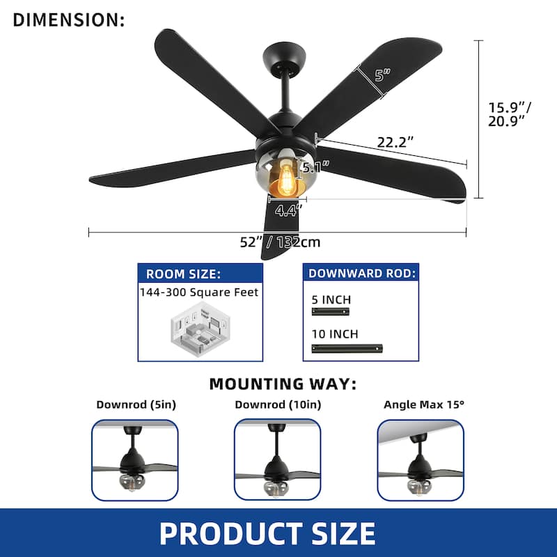 Moasis 42 to 52 Inch Ceiling Fan with Glass Light Shade and Remote Control