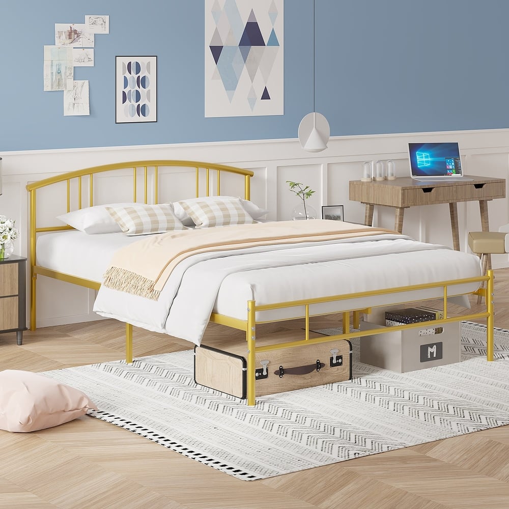 VECELO Metal Platform Bed Frame with Curved Slatted Headboard No Box Spring Needed Heavy Duty Bed for Adults Kids