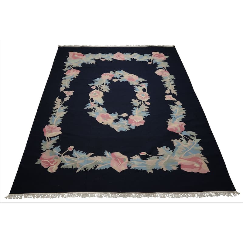 8'9''x12 Hand Woven Wool Navy Kilim Traditional Area Rug - 8' 9'' x 12'