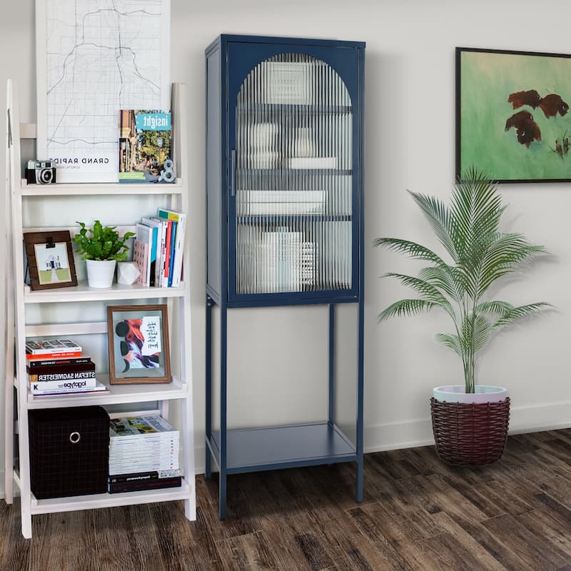 Tempered Glass High Cabinet with Arched Door Adjustable Shelves and Feet Anti-Tip Dust-free Fluted Glass Kitchen Credenza - Blue