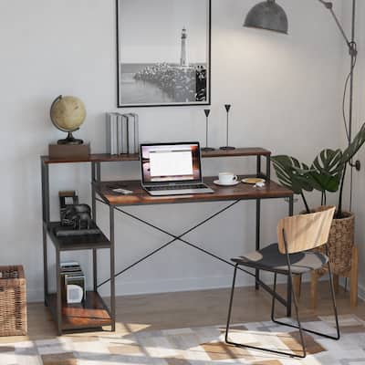 Lndustrial Computer Desk with Storage Shelves, Writing Desk with Bookshelf Modern Study Desk Laptop Table for Home Office