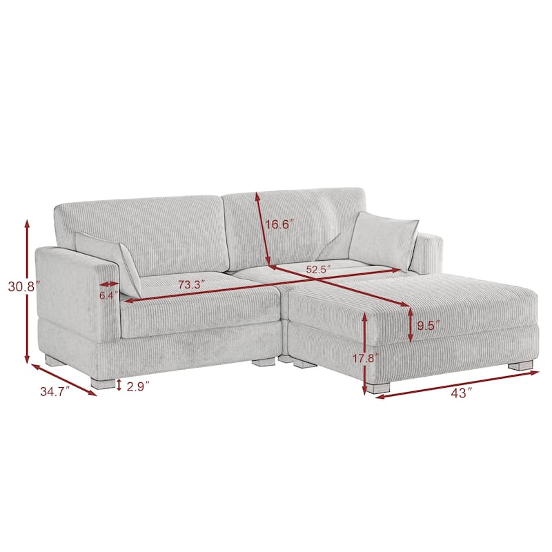 84'' L-Shaped Corduroy Comfy Couch Modular Sectional Sofa With Ottoman