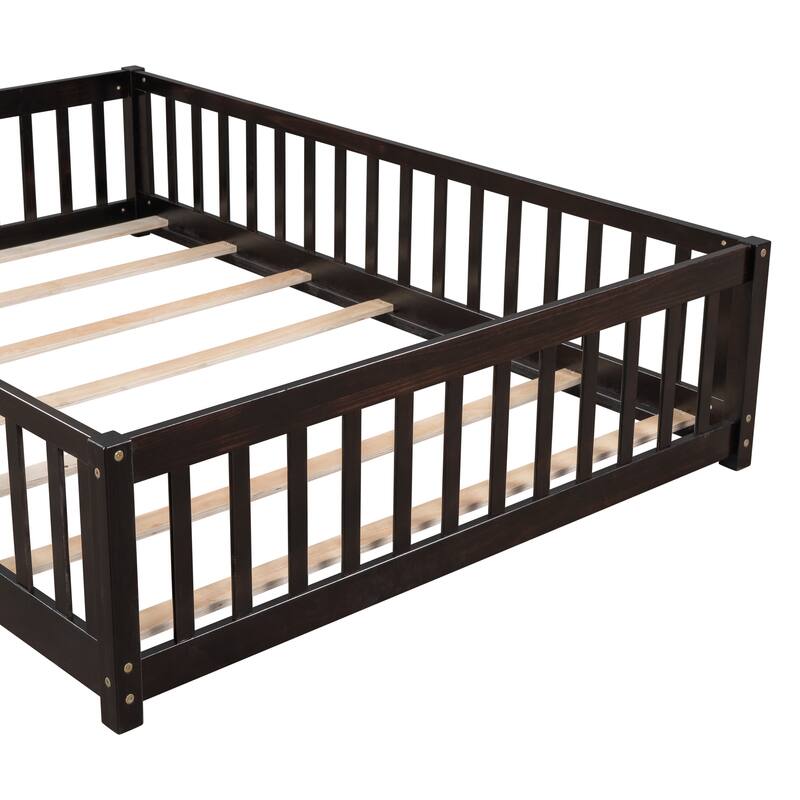 Floor Platform Bed with Fence Guardrails and Door