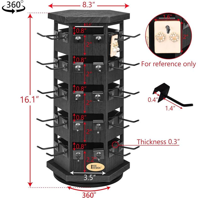 Natural Wood Hexagon 6 sided Rotating Jewelry Display Stand Tower,60 Removable Metal Hooks